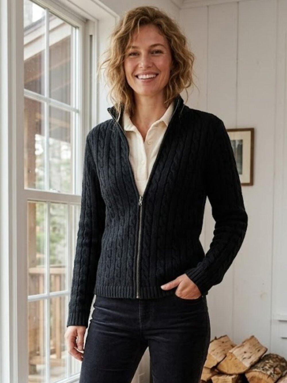 LL Bean Women's Full Zip Cable Knit Sweater Black Size Small Petite 100% Cotton